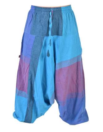 Turecké kalhoty, dlouhé, modro-fialová, žabičkování v pase