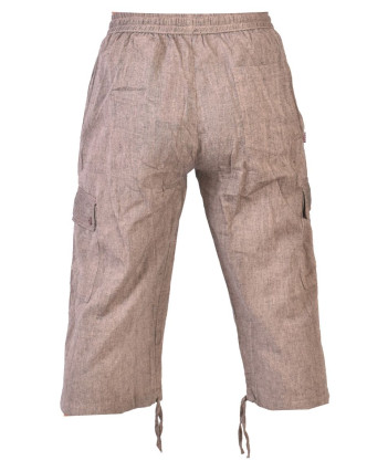 Hnědé tříčtvrteční unisex kalhoty s kapsami, elastický pas