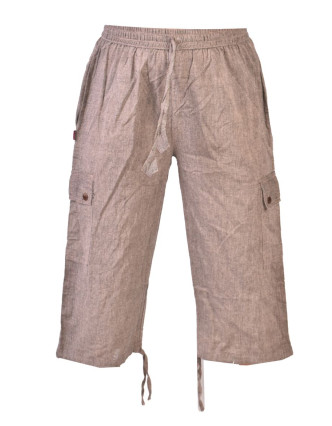 Hnědé tříčtvrteční unisex kalhoty s kapsami, elastický pas
