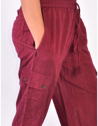 Vínové tříčtvrteční unisex kalhoty s kapsami, elastický pas