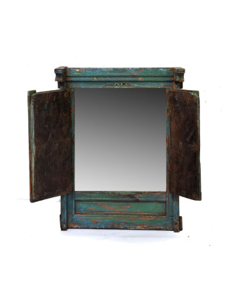 Okno se zrcadlem z teakového dřeva s okenicí, antik, 51x13x68cm