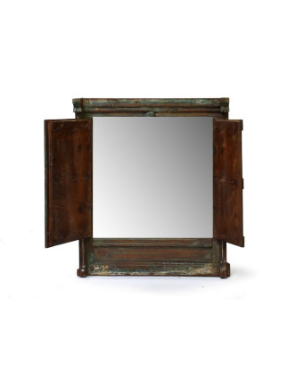 Okno se zrcadlem z teakového dřeva s okenicí, antik, 51x13x68cm