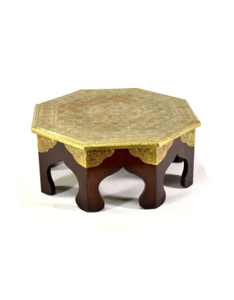 Čajový stolek z mangového dřeva zdobený mosazným kováním, 38x35x19cm