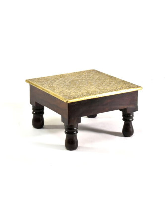 Čajový stolek z mangového dřeva zdobený mosazným kováním, 26x26x15cm