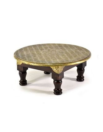 Čajový stolek z mangového dřeva zdobený mosazným kováním, 37x37x15cm