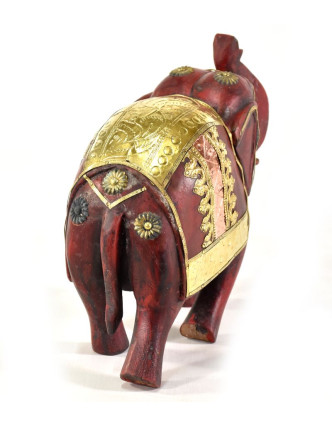 Slon, dřevěný, zdobený zlatým kovem, červený, 25x25cm