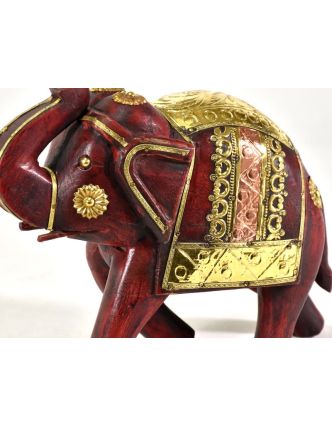 Slon, dřevěný, zdobený zlatým kovem, červený, 24x20cm
