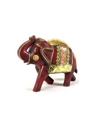 Slon, dřevěný, zdobený zlatým kovem, červený, 24x20cm