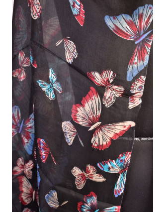Hedvábný šátek s motivem motýlů, černý, 170x105cm