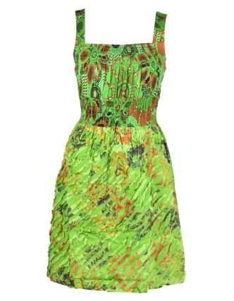 Krátké zelené šaty na ramínka, květinový potisk, žabičkování