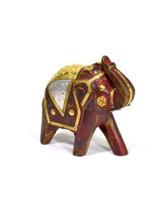 Slon, dřevěný, zdobený zlatým kovem, červený, 12x12cm