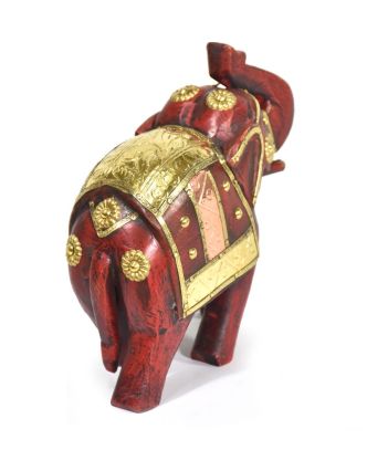 Slon, dřevěný, zdobený zlatým kovem, červený, 18x16cm