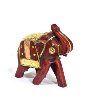 Slon, dřevěný, zdobený zlatým kovem, červený, 18x16cm