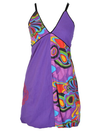 Šaty, krátké, na ramínka, "Flower design", fialové, žabičkování