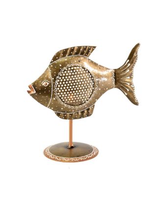 Kovový ručně tepaný svícen ve tvaru ryby, na čajovou svíčku, 22x10x13cm