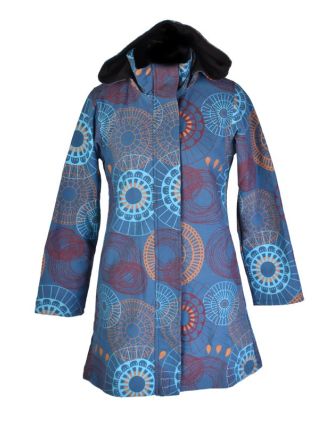 Modrý dámský kabát s kapucí zapínaný na zip, barevný mandala potisk, kapsy