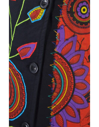 Černo červený asymetrický kabátek "Flower mandala", výšivka, knoflíky, kapsy