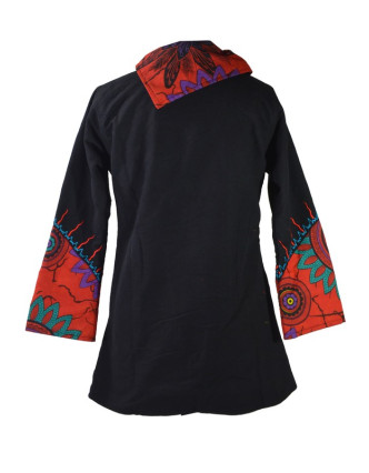 Černo červený asymetrický kabátek "Flower mandala", výšivka, knoflíky, kapsy