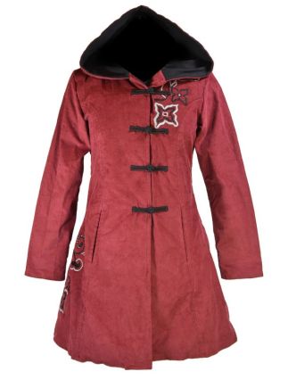 Manžestrový kabátek s kapucí, vínovo-černá, květinová výšivka, knoflíčky, kapsy