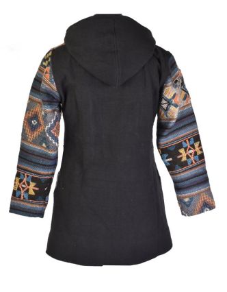 Černo-šedý kabát s vlněným vzorek a kapucí, zip, kapsy, suchý zip