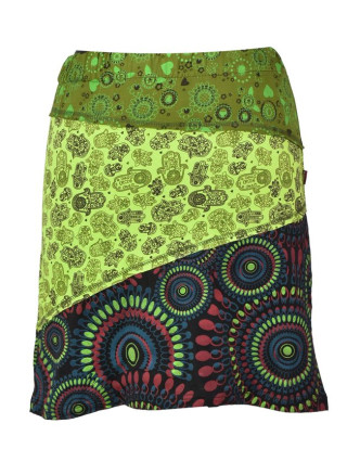 Krátká zelená sukně "Hamsa", mix print, elastický pas