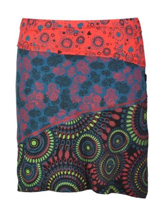 Krátká červeno-petrolejová sukně "Hamsa", mix print, elastický pas