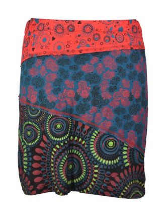 Krátká červeno-petrolejová sukně "Hamsa", mix print, elastický pas