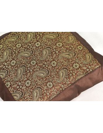 Hnědý saténový povlak na polštář s výšivkou paisley, zip, 40x40cm