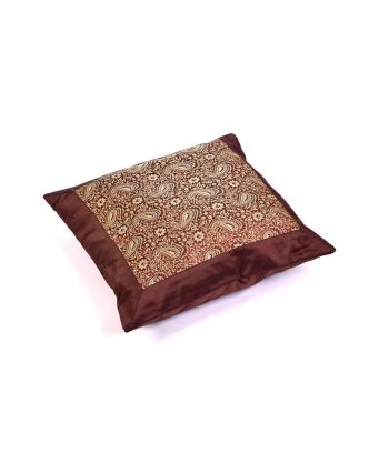 Hnědý saténový povlak na polštář s výšivkou paisley, zip, 40x40cm