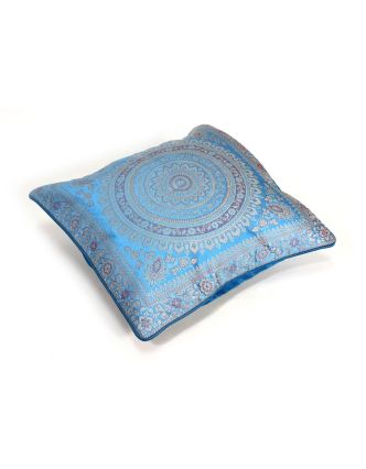 Modrý saténový povlak na polštář s výšivkou, mandala, zip, 40x40cm
