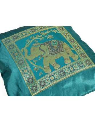 Smaragdový saténový povlak na polštář s výšivkou slon, zip, 40x40cm