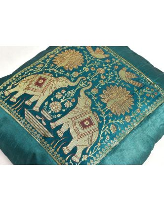 Smaragdový saténový povlak na polštář s výšivkou slon, zip, 40x40cm