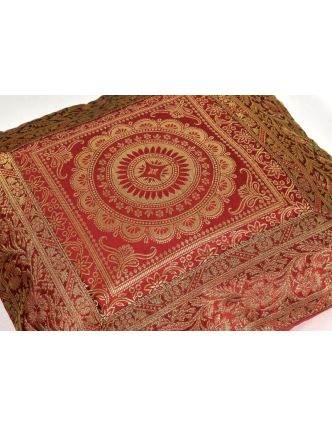 Červený saténový povlak na polštář s výšivkou mandala, zip, 40x40cm