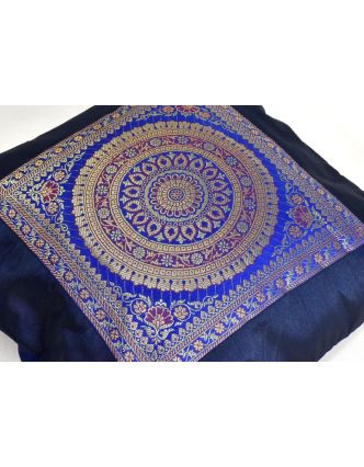Tmavě modrý saténový povlak na polštář s výšivkou mandala, zip, 40x40cm