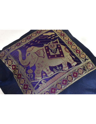 Tmavě modrý saténový povlak na polštář s výšivkou slon, zip, 40x40cm