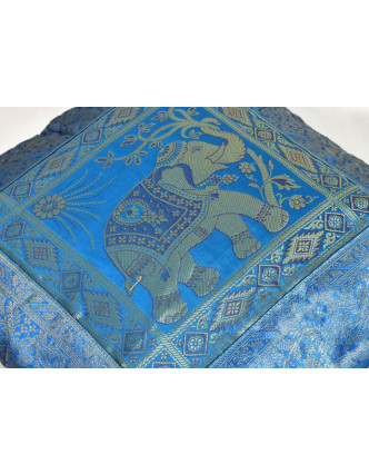 Modrý saténový povlak na polštář s výšivkou slon, zip, 40x40cm