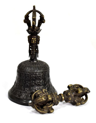 Tibetský zvon a dorje,bronzová barva, ornament, 16cm