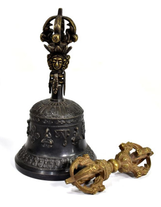Tibetský zvon a dorje,bronzová barva, ornament, 19cm