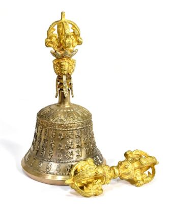 Tibetský zvon a dorje,zlatá barva, ornament, 19cm