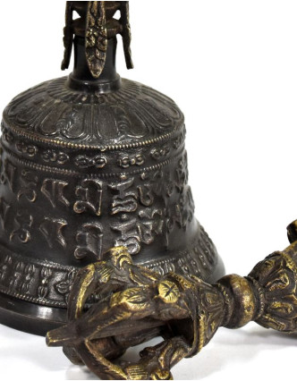 Tibetský zvon a dorje,bronzová barva, ornament, 15cm