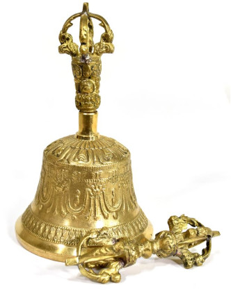 Tibetský zvon a dorje,mosazná barva, ornament, 17cm