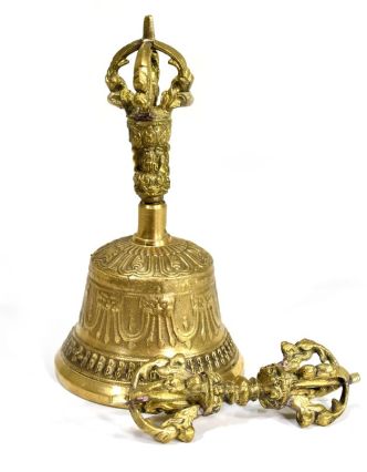 Tibetský zvon a dorje,mosazná barva, ornament, 15cm