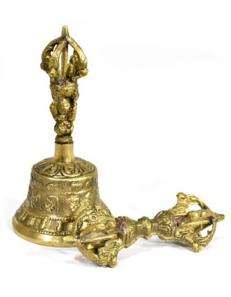 Tibetský zvon a dorje,mosazná barva, ornament, 12cm