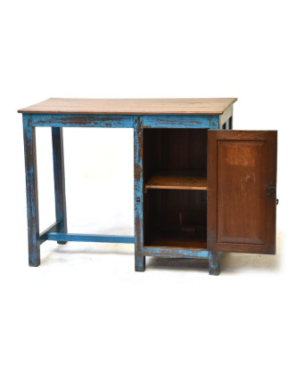 Starý psací stůl z teakového dřeva, tyrkysová patina, 96x45x76cm