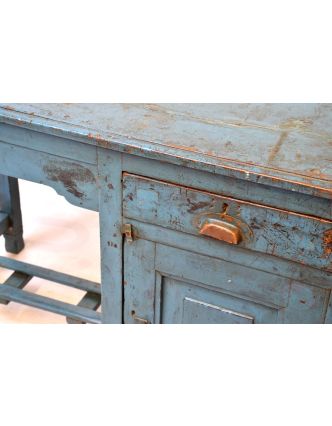 Starý psací stůl z teakového dřeva, tyrkysová patina, 107x60x79cm
