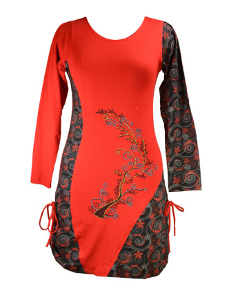 Krátké šaty s dlouhým rukávem, červené, černý Flower Spiral tisk, šňůrky