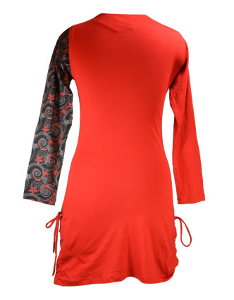 Krátké šaty s dlouhým rukávem, červené, černý Flower Spiral tisk, šňůrky