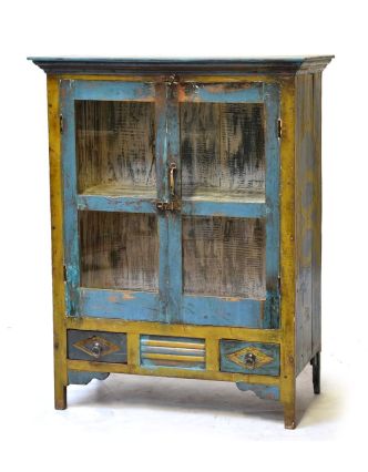 Prosklená skříňka z antik teakového dřeva, tyrkysová patina, 50x43x115cm