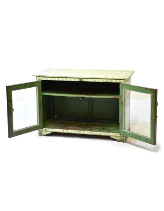 Prosklená skříňka z antik teakového dřeva, plechové boky, 98x46x66cm