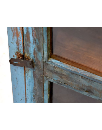 Prosklená skříňka z antik teakového dřeva, tyrkysová patina, 48x26x70cm
